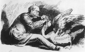 1-B49-G1878-6 (84721) 'Reichstags-Prognostikon. / Friß, Vogel, oder stirb!' Bismarck, Otto v.; Staatsmann; 1815-98. - 'Reichstags-Prognostikon. / Friß, Vogel, oder stirb!' - (Karikatur auf die von Bismarck einge- brachten Ausnahmegesetze gegen die So- zialdemokratie 1878). Holzstich. Aus: Kladderadatsch, 1878. E: 'Reichstag Prognostic. Eat, bird, or die!' Bismarck, Otto von; statesman; 1815-98. - 'Reichstag Prognostic. Eat, bird, or die!' - (Cartoon about Bismarck's Ausnahmegesetz (exceptive law) against the Social Democrats in 1878). Wood engraving. From: Kladderadatsch, 1878.