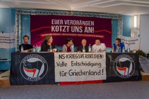 Podium des Hearings »NS-Verbrechen benennen | Opfer entschädigen | Rechte Traditionspflege angreifen« am 14.Mai in Bad Reichenhall